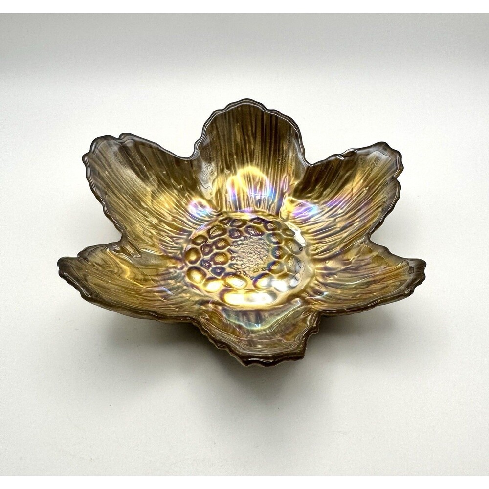 Vintage Akcam Turkish Art Glass Bowl Sunflower Design Iridescent Gold Back 5.5”